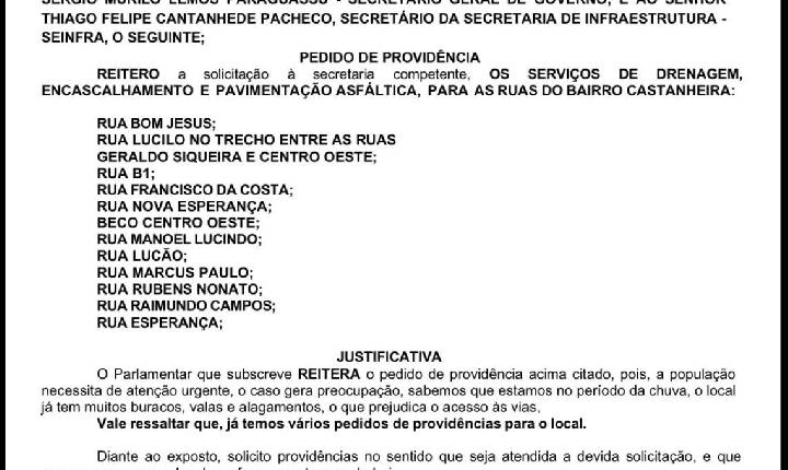 Edimilson Dourado reforça pedido por asfaltamento de ruas no Bairro Castanheira, em Porto Velho