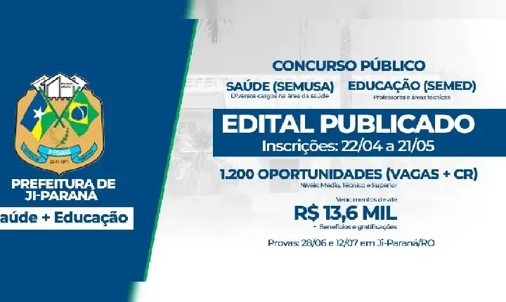 Ji-Paraná abre concursos públicos para Educação e Saúde com salários de até R$ 10 mil